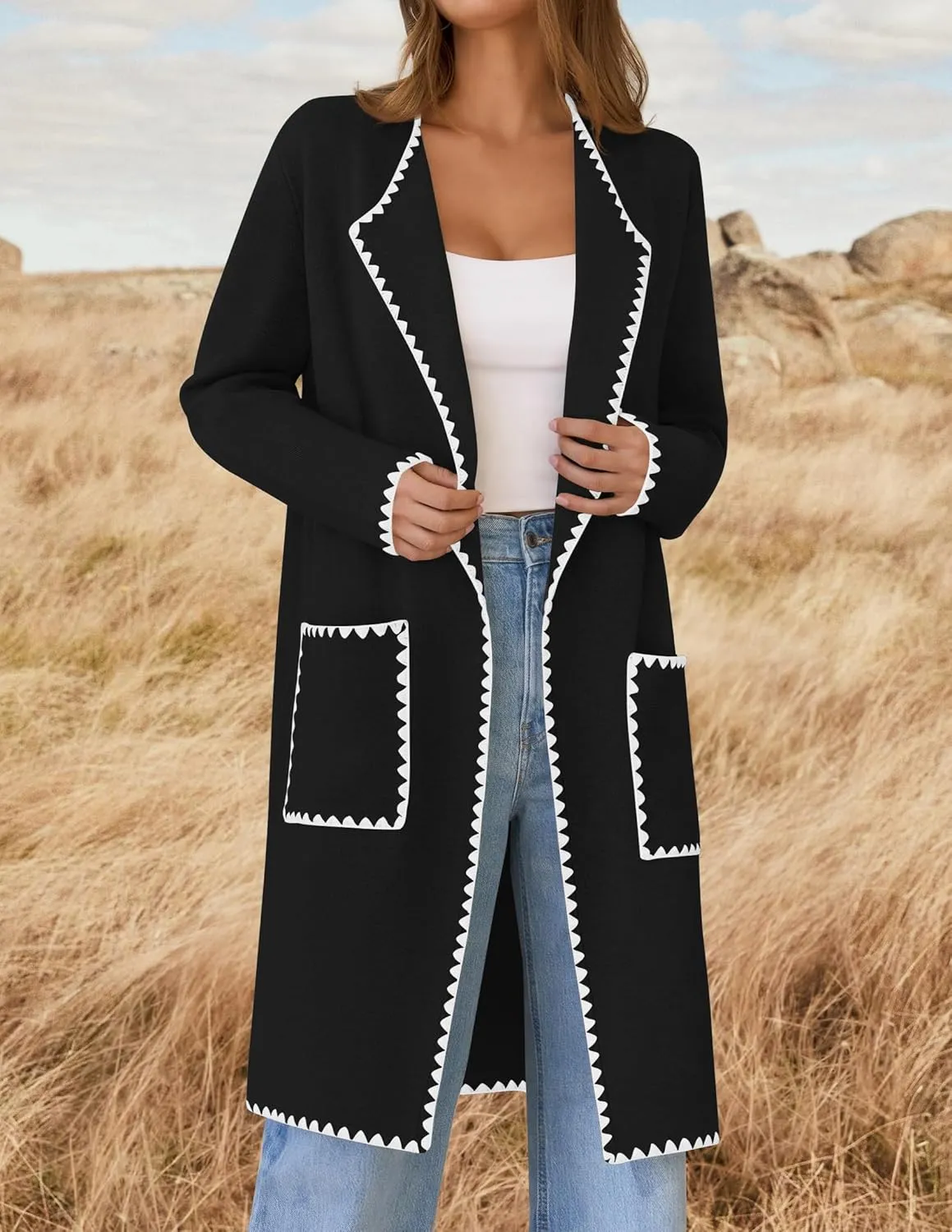 ZESICA Women's Open Front Long Cardigan Sweater Casual Lapel Coatigan Coat Fall Jacket Outerwear with Pockets