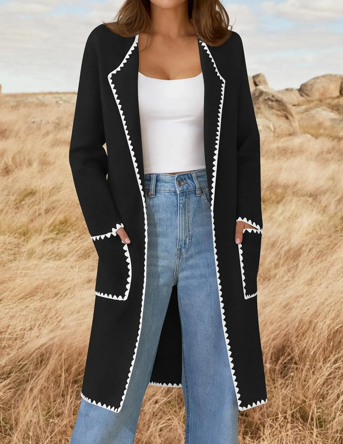 ZESICA Women's Open Front Long Cardigan Sweater Casual Lapel Coatigan Coat Fall Jacket Outerwear with Pockets