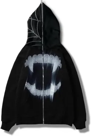 Zip Up Rhinestone Jacket for Men Women, Glitter Gothic Y2K Skeleton Head Hooded Sweatshirt