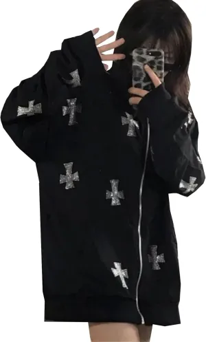 Zip Up Rhinestone Jacket for Men Women, Glitter Gothic Y2K Skeleton Head Hooded Sweatshirt