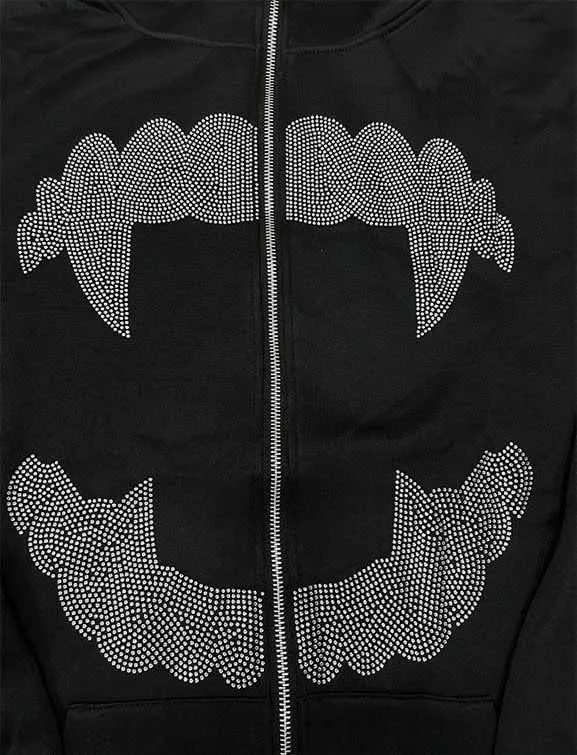 Zip Up Rhinestone Jacket for Men Women, Glitter Gothic Y2K Skeleton Head Hooded Sweatshirt