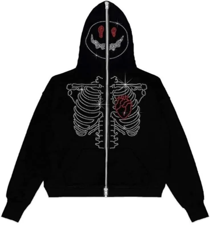 Zip Up Rhinestone Jacket for Men Women, Glitter Gothic Y2K Skeleton Head Hooded Sweatshirt