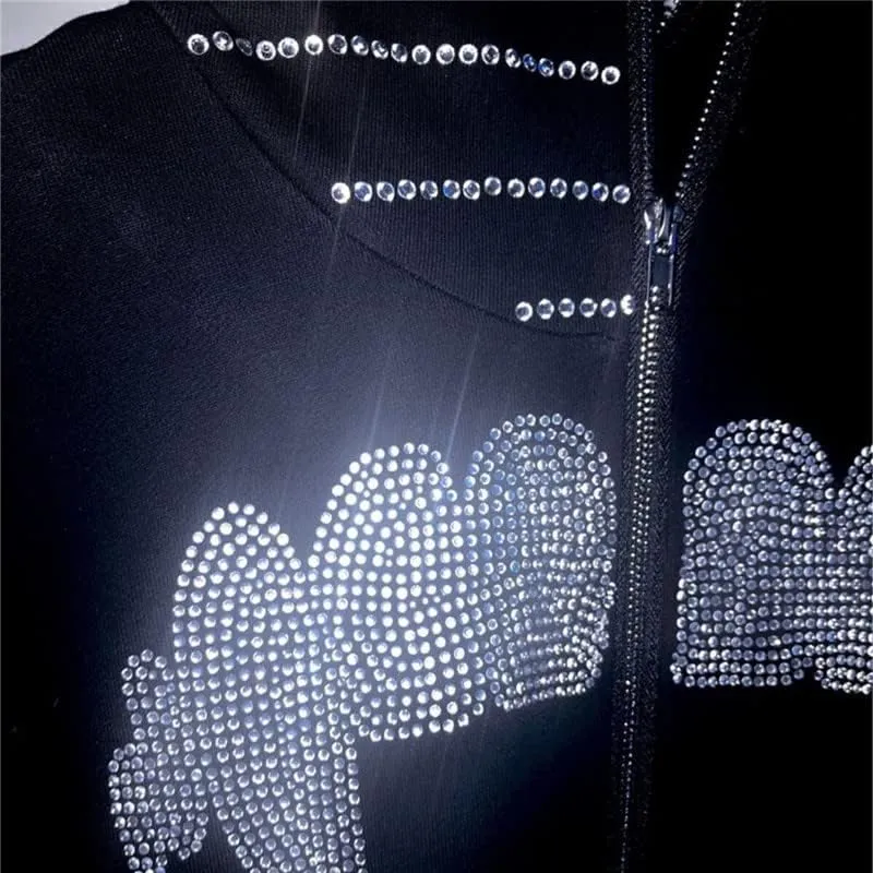 Zip Up Rhinestone Jacket for Men Women, Glitter Gothic Y2K Skeleton Head Hooded Sweatshirt
