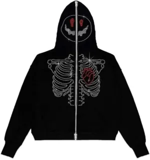 Zip Up Rhinestone Jacket for Men Women, Glitter Gothic Y2K Skeleton Head Hooded Sweatshirt